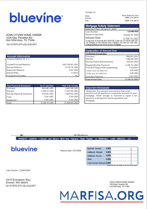Realistic USA Bluevine bank mortgage statement in Word and PDF formats download for verification
